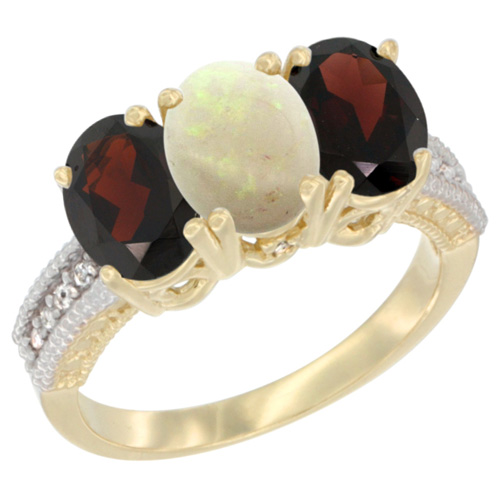 14K Yellow Gold Natural Opal & Garnet Sides Ring 3-Stone 7x5 mm Oval Diamond Accent, sizes 5 - 10