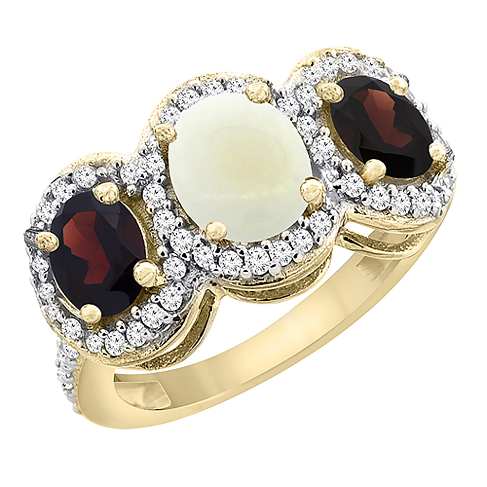 14K Yellow Gold Natural Opal & Garnet 3-Stone Ring Oval Diamond Accent, sizes 5 - 10
