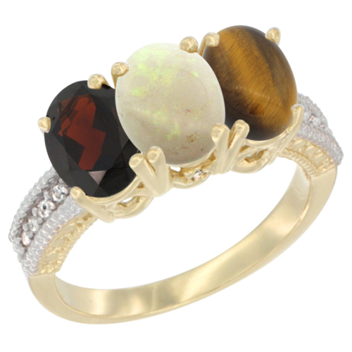 14K Yellow Gold Natural Garnet, Opal & Tiger Eye Ring 3-Stone 7x5 mm Oval Diamond Accent, sizes 5 - 10