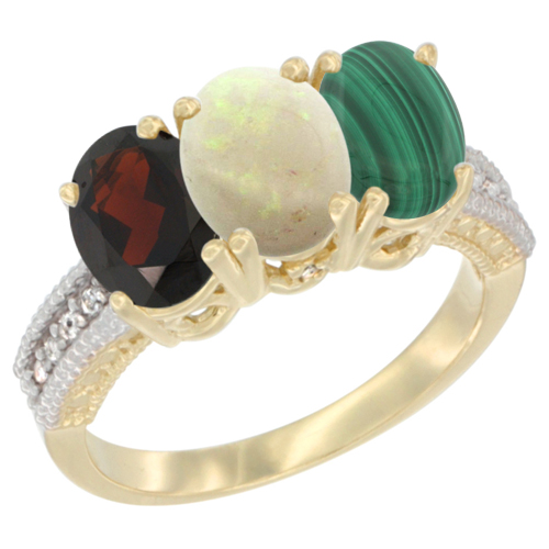 14K Yellow Gold Natural Garnet, Opal & Malachite Ring 3-Stone 7x5 mm Oval Diamond Accent, sizes 5 - 10