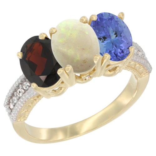 14K Yellow Gold Natural Garnet, Opal & Tanzanite Ring 3-Stone 7x5 mm Oval Diamond Accent, sizes 5 - 10