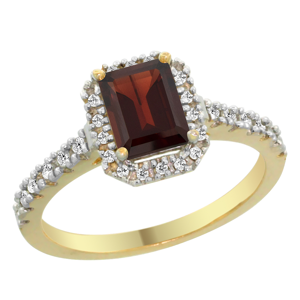 14K Yellow Gold Natural Garnet Engagement Ring Octagon 7x5 mm Diamond Accents, sizes 5 - 10