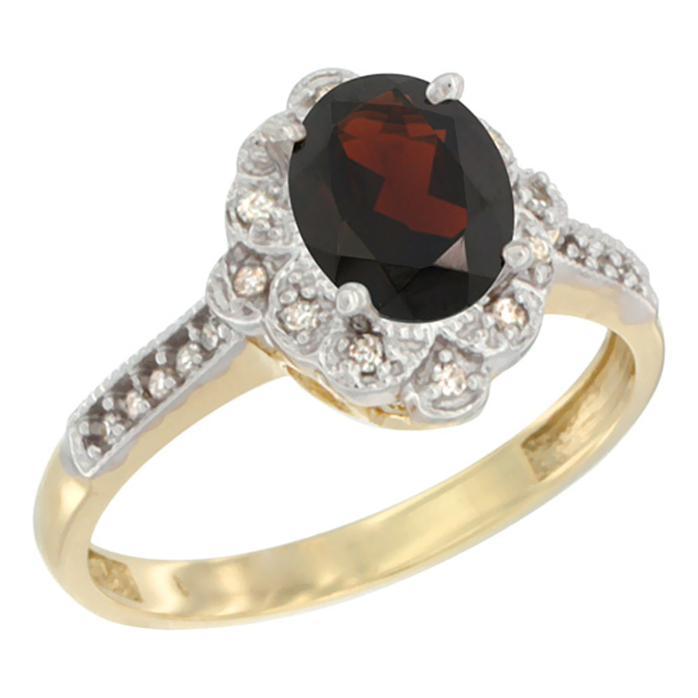 10K Yellow Gold Natural Garnet Ring Oval 8x6 mm Floral Diamond Halo, sizes 5 - 10