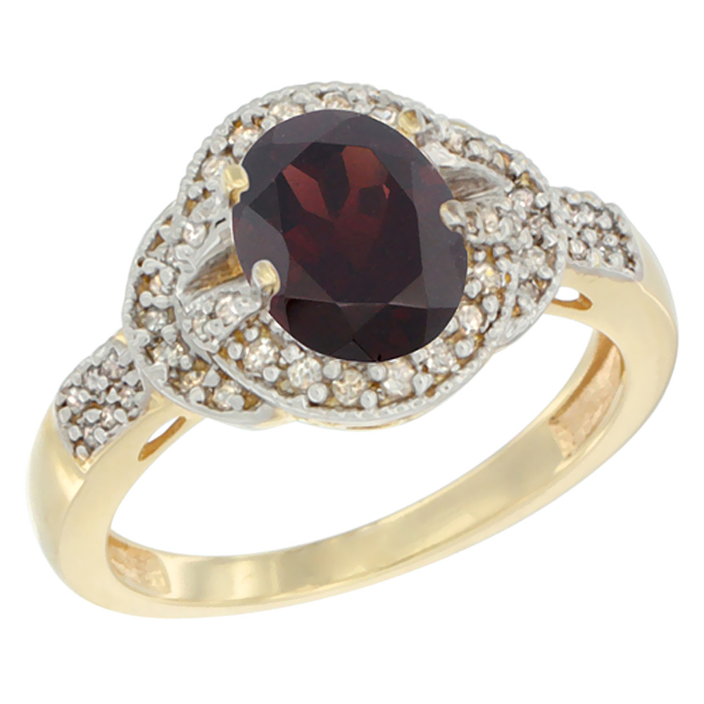 10K Yellow Gold Natural Garnet Ring Oval 8x6 mm Diamond Accent, sizes 5 - 10