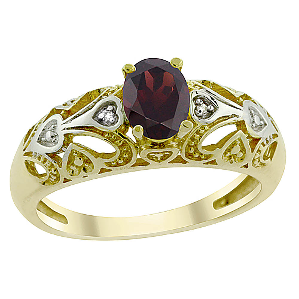 10K Yellow Gold Natural Garnet Ring Oval 6x4 mm Diamond Accent, sizes 5 - 10