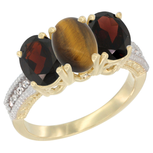 10K Yellow Gold Diamond Natural Tiger Eye & Garnet Ring 3-Stone 7x5 mm Oval, sizes 5 - 10