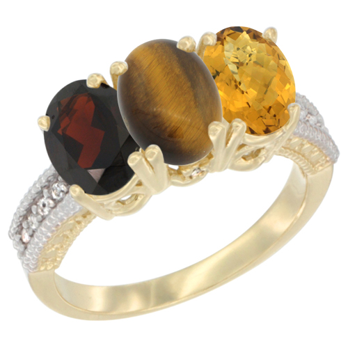 10K Yellow Gold Diamond Natural Garnet, Tiger Eye & Whisky Quartz Ring 3-Stone 7x5 mm Oval, sizes 5 - 10