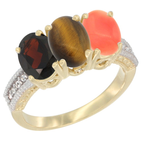 10K Yellow Gold Diamond Natural Garnet, Tiger Eye & Coral Ring 3-Stone 7x5 mm Oval, sizes 5 - 10