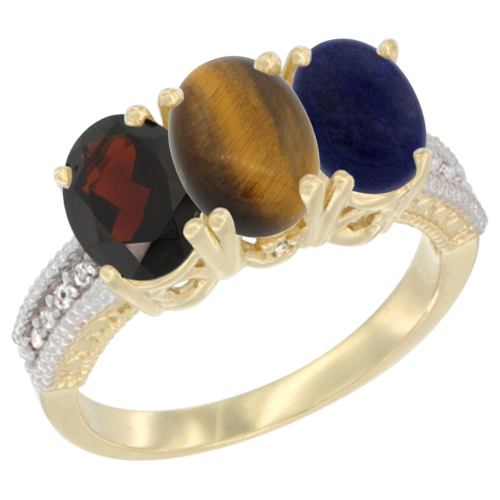 10K Yellow Gold Diamond Natural Garnet, Tiger Eye & Lapis Ring 3-Stone 7x5 mm Oval, sizes 5 - 10