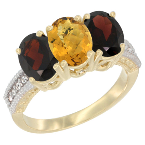 10K Yellow Gold Diamond Natural Whisky Quartz & Garnet Ring 3-Stone 7x5 mm Oval, sizes 5 - 10