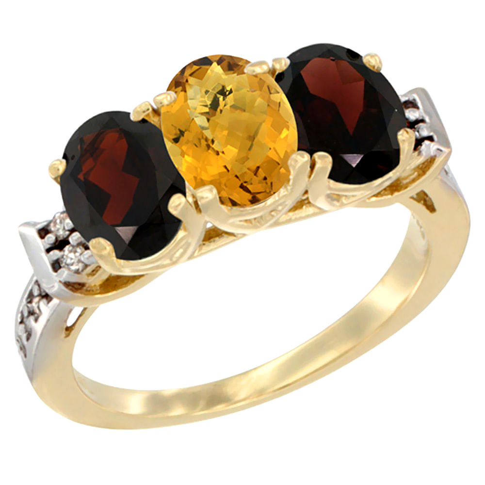 10K Yellow Gold Natural Whisky Quartz & Garnet Sides Ring 3-Stone Oval 7x5 mm Diamond Accent, sizes 5 - 10