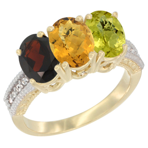 10K Yellow Gold Diamond Natural Garnet, Whisky Quartz & Lemon Quartz Ring 3-Stone 7x5 mm Oval, sizes 5 - 10