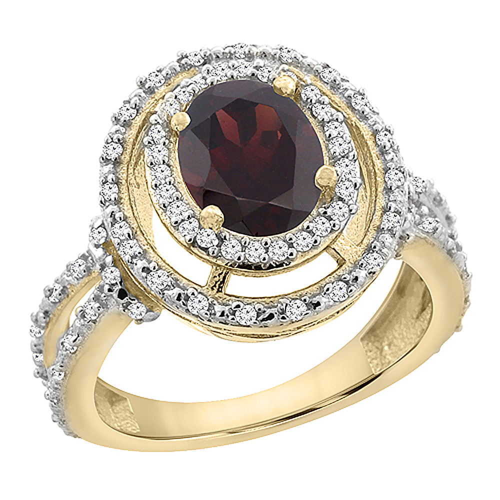 14K Yellow Gold Natural Garnet Ring Oval 8x6 mm Double Halo Diamond, sizes 5 - 10