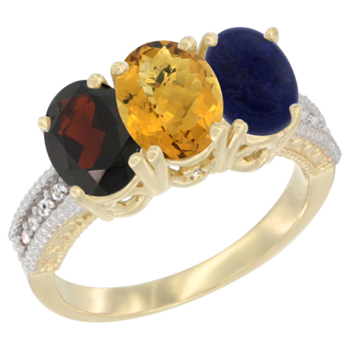 10K Yellow Gold Diamond Natural Garnet, Whisky Quartz & Lapis Ring 3-Stone 7x5 mm Oval, sizes 5 - 10