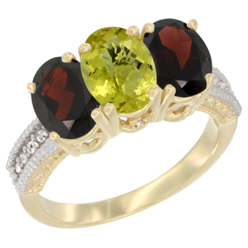 10K Yellow Gold Diamond Natural Lemon Quartz & Garnet Ring 3-Stone 7x5 mm Oval, sizes 5 - 10