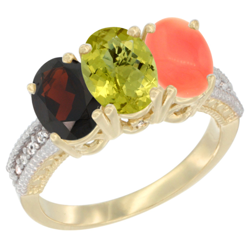 10K Yellow Gold Diamond Natural Garnet, Lemon Quartz & Coral Ring 3-Stone 7x5 mm Oval, sizes 5 - 10