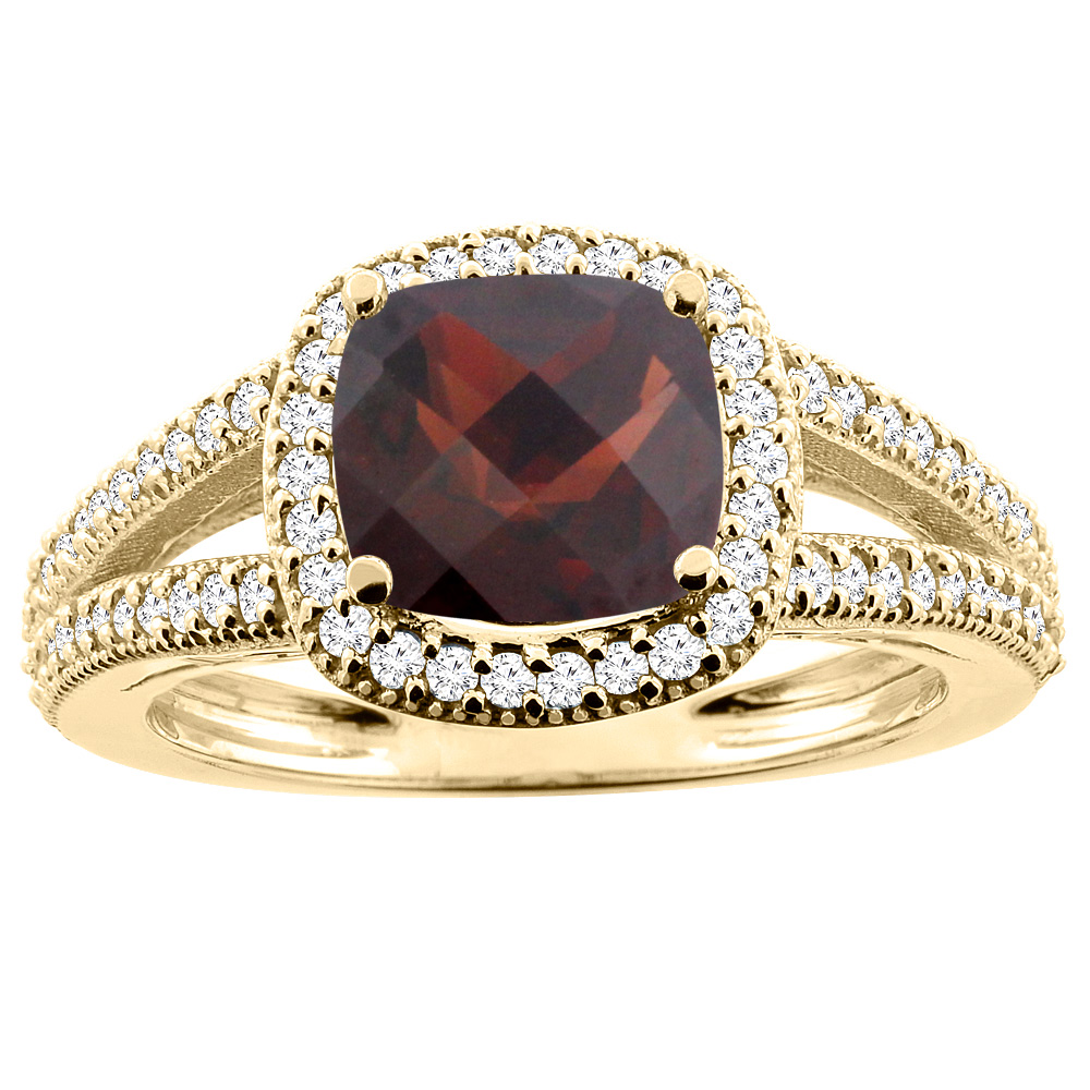 10K Yellow Gold Natural Garnet Ring Cushion 7x7mm Diamond Accent 3/8 inch wide, sizes 5 - 10