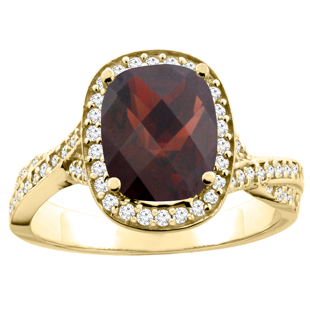 14K Yellow Gold Natural Garnet Halo Ring Cushion 9x7mm Diamond Accent 1/2 inch wide, sizes 5 - 10