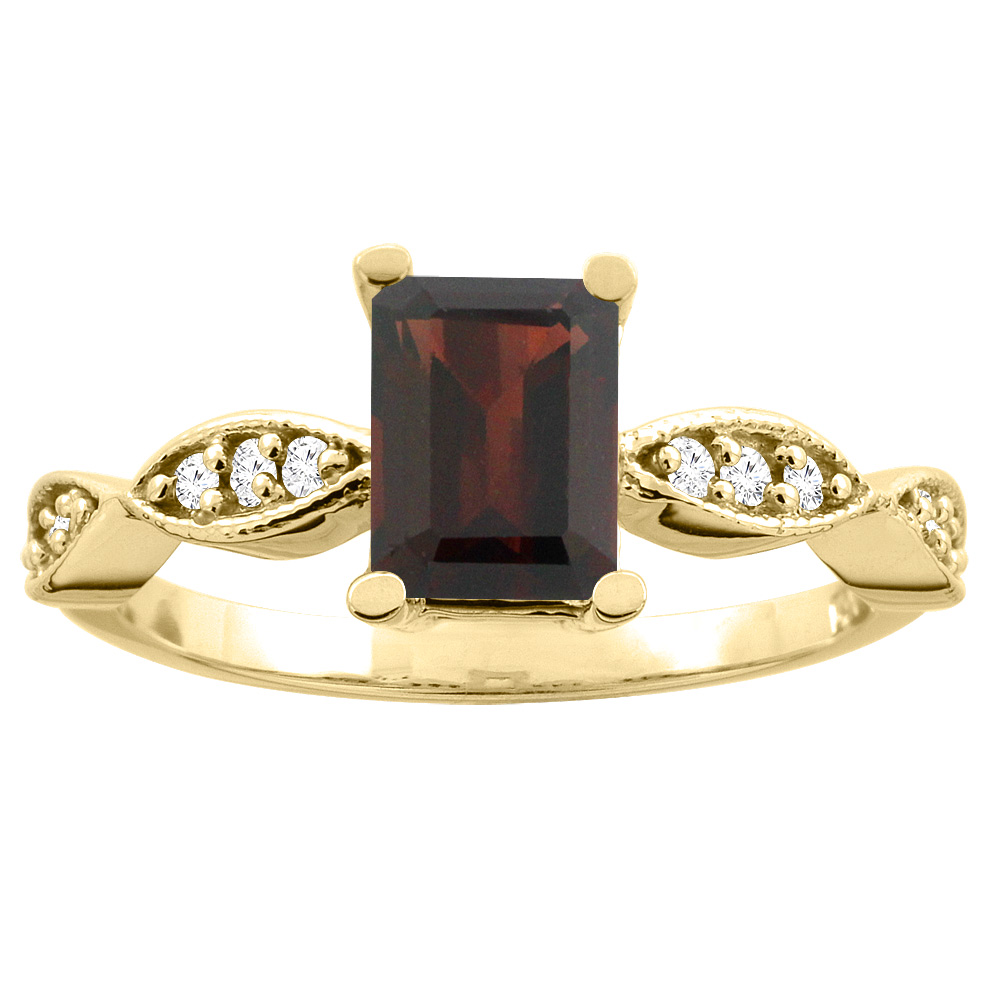14K White/Yellow Gold Natural Garnet Ring Octagon 7x5mm Diamond Accents, sizes 5 -10