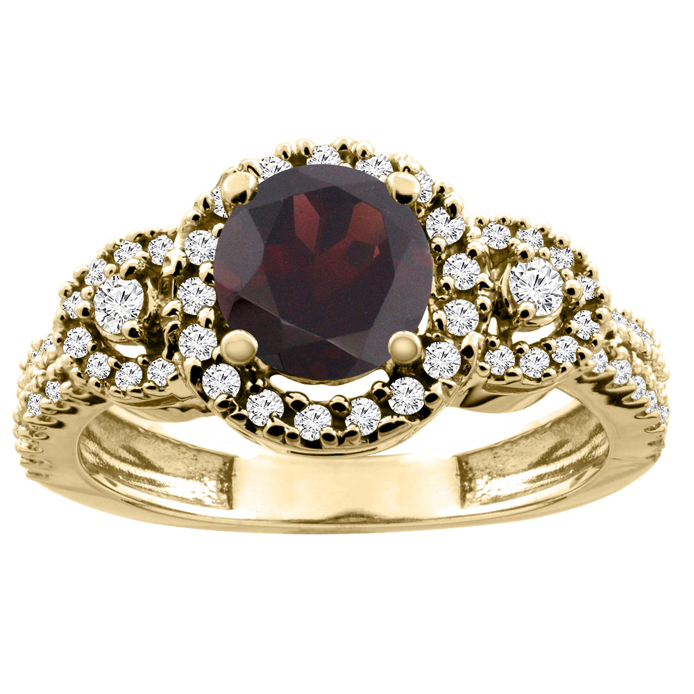 14K White/Yellow Gold Diamond Halo Natural Garnet Ring Round 6mm, sizes 5 - 10