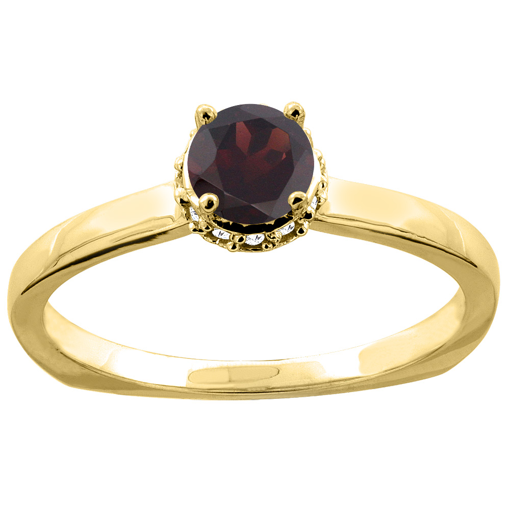 10K Yellow Gold Natural Garnet Solitaire Engagement Ring Round 4mm Diamond Accents, size 9.5