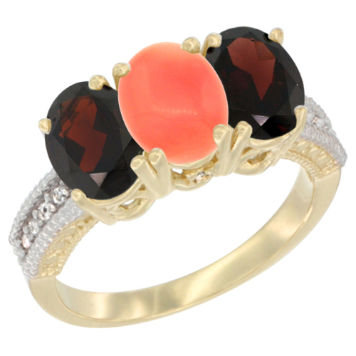 10K Yellow Gold Diamond Natural Coral & Garnet Ring 3-Stone 7x5 mm Oval, sizes 5 - 10