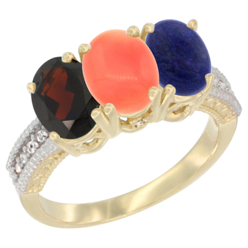 10K Yellow Gold Diamond Natural Garnet, Coral & Lapis Ring 3-Stone 7x5 mm Oval, sizes 5 - 10