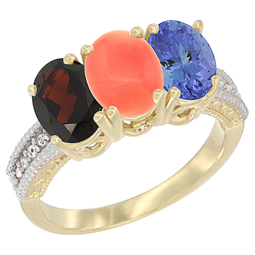 14K Yellow Gold Natural Garnet, Coral & Tanzanite Ring 3-Stone 7x5 mm Oval Diamond Accent, sizes 5 - 10