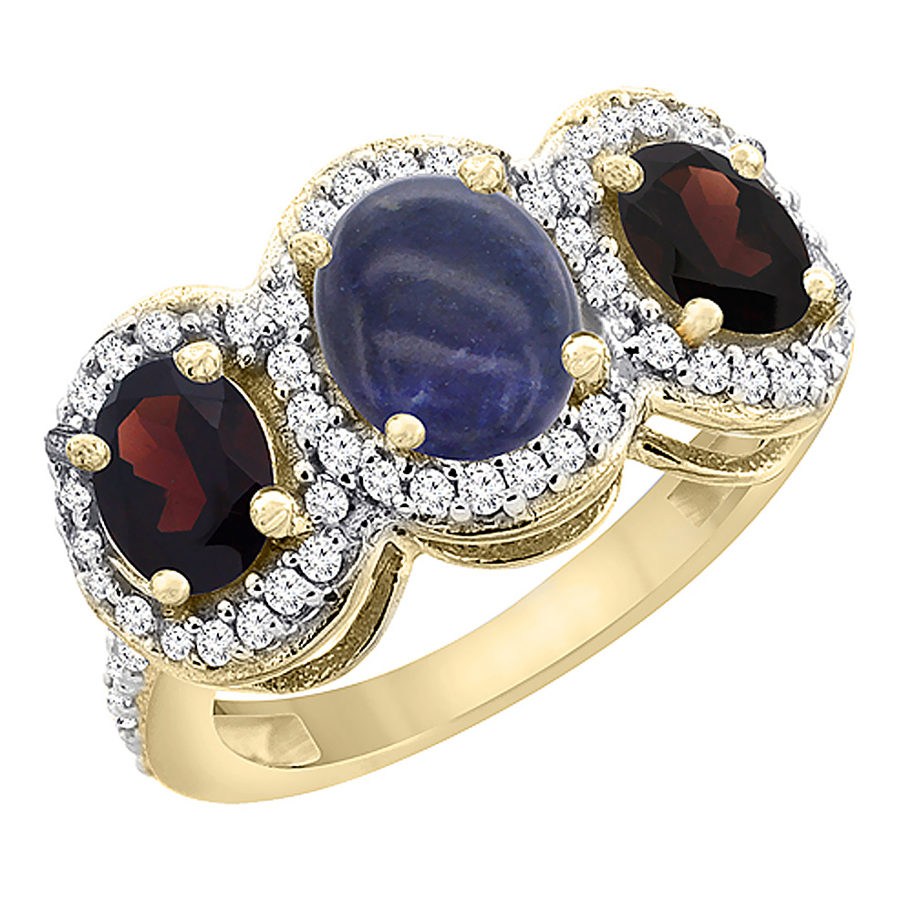 14K Yellow Gold Natural Lapis & Garnet 3-Stone Ring Oval Diamond Accent, sizes 5 - 10