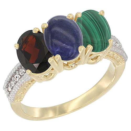 14K Yellow Gold Natural Garnet, Lapis & Malachite Ring 3-Stone 7x5 mm Oval Diamond Accent, sizes 5 - 10