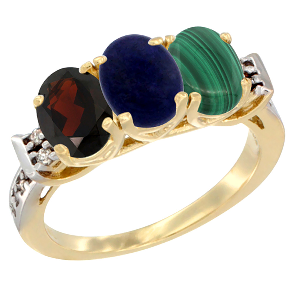 14K Yellow Gold Natural Garnet, Lapis & Malachite Ring 3-Stone 7x5 mm Oval Diamond Accent, sizes 5 - 10