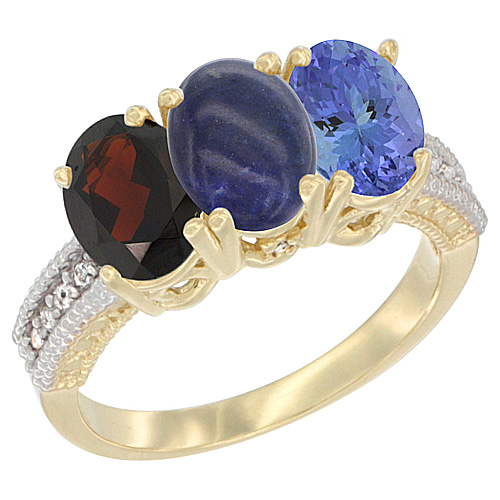 14K Yellow Gold Natural Garnet, Lapis & Tanzanite Ring 3-Stone 7x5 mm Oval Diamond Accent, sizes 5 - 10