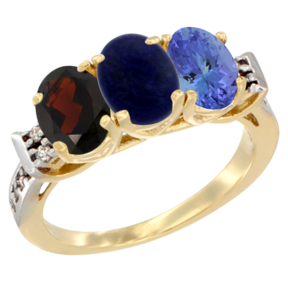 14K Yellow Gold Natural Garnet, Lapis & Tanzanite Ring 3-Stone 7x5 mm Oval Diamond Accent, sizes 5 - 10