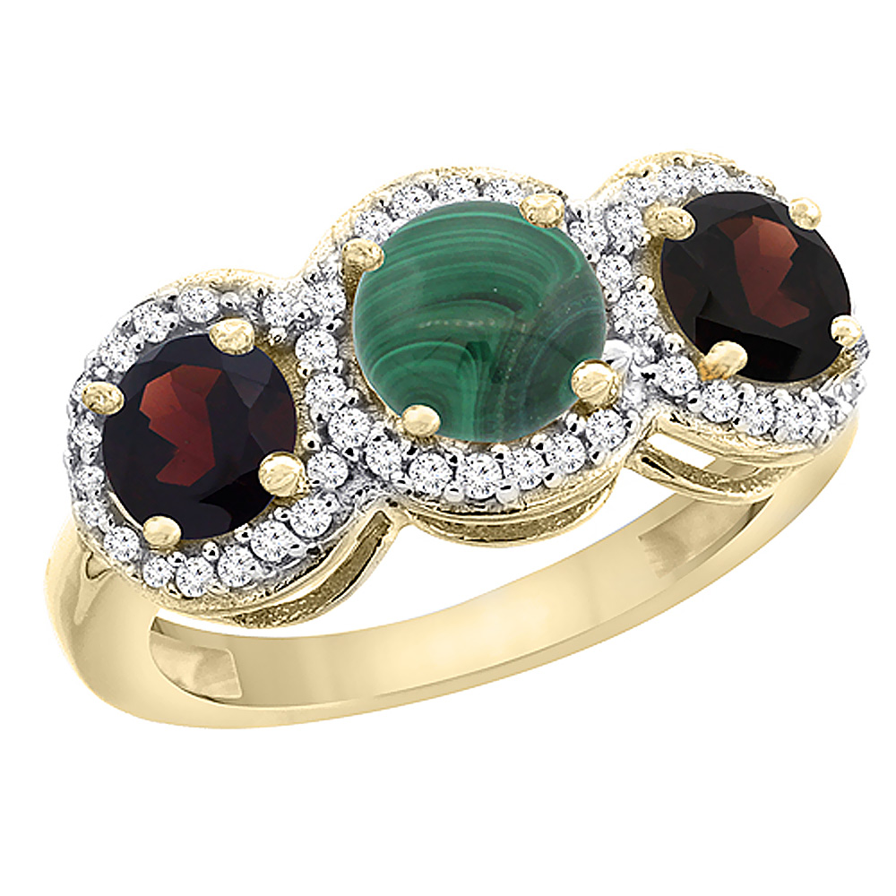 14K Yellow Gold Natural Malachite & Garnet Sides Round 3-stone Ring Diamond Accents, sizes 5 - 10