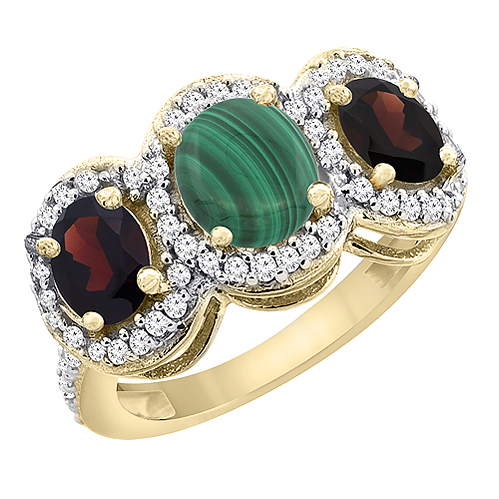 14K Yellow Gold Natural Malachite & Garnet 3-Stone Ring Oval Diamond Accent, sizes 5 - 10