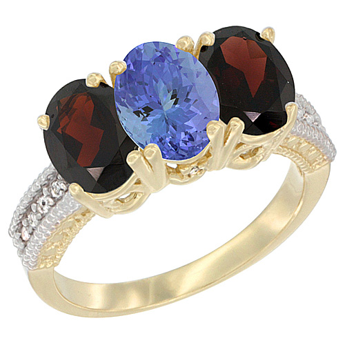10K Yellow Gold Diamond Natural Tanzanite & Garnet Ring 3-Stone 7x5 mm Oval, sizes 5 - 10