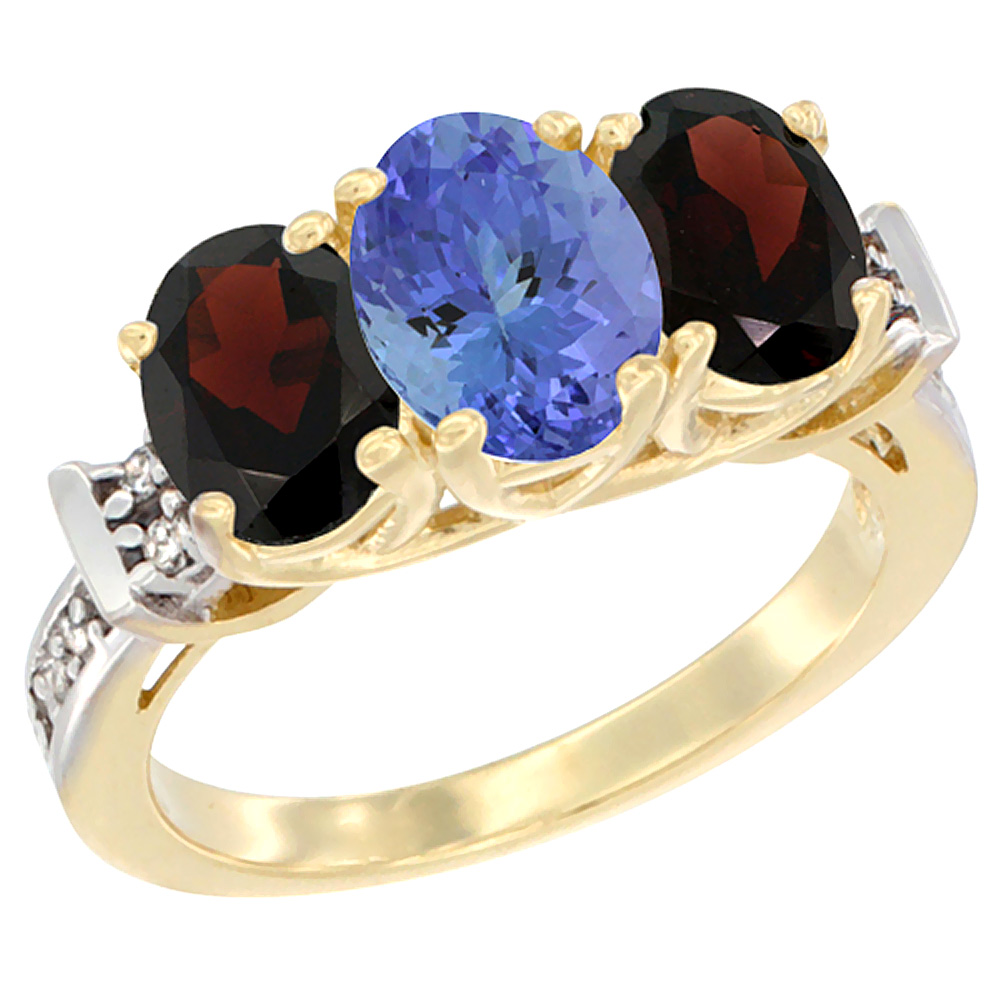 10K Yellow Gold Natural Tanzanite & Garnet Sides Ring 3-Stone Oval Diamond Accent, sizes 5 - 10
