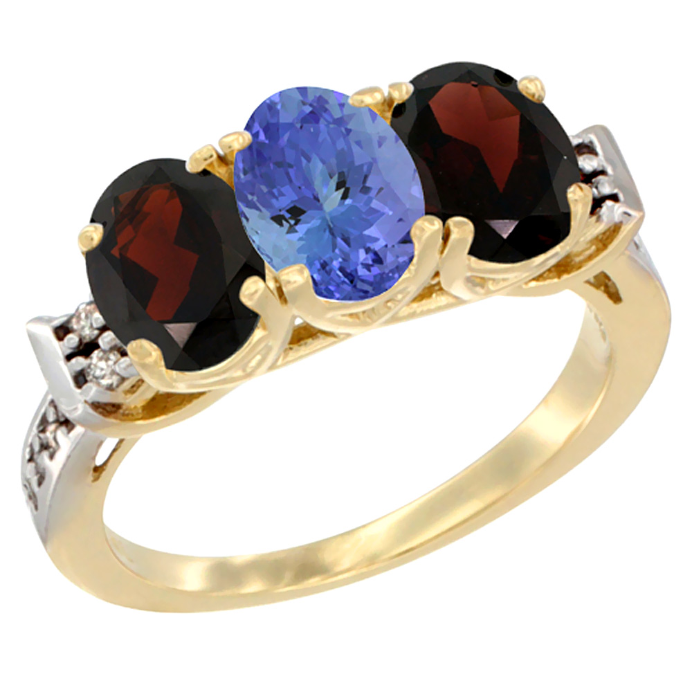 10K Yellow Gold Natural Tanzanite & Garnet Sides Ring 3-Stone Oval 7x5 mm Diamond Accent, sizes 5 - 10