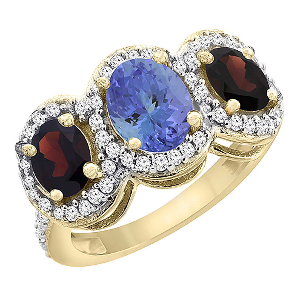 10K Yellow Gold Natural Tanzanite & Garnet 3-Stone Ring Oval Diamond Accent, sizes 5 - 10