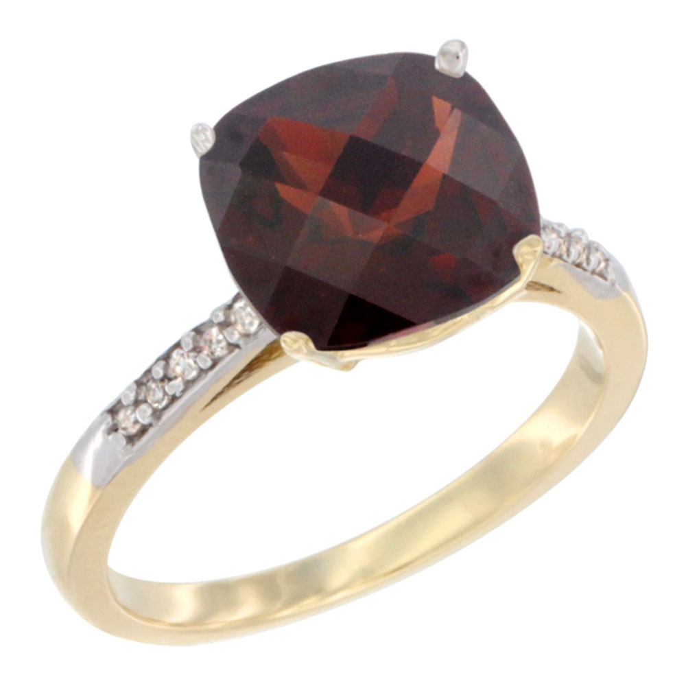 10K Yellow Gold Natural Garnet Ring Cushion-cut 9 mm Diamond accent, sizes 5 - 10