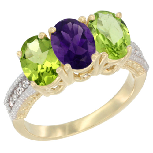 10K Yellow Gold Diamond Natural Amethyst & Peridot Ring 3-Stone 7x5 mm Oval, sizes 5 - 10