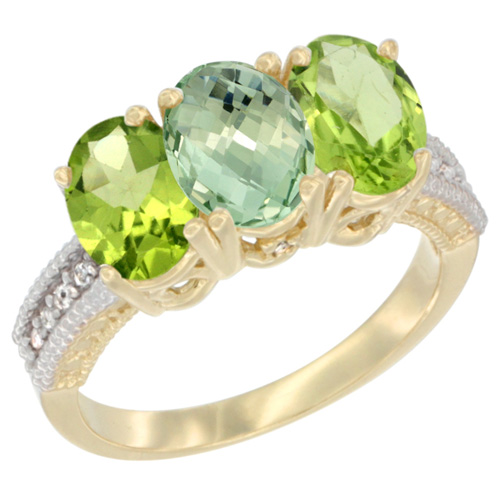 10K Yellow Gold Diamond Natural Green Amethyst & Peridot Ring 3-Stone 7x5 mm Oval, sizes 5 - 10