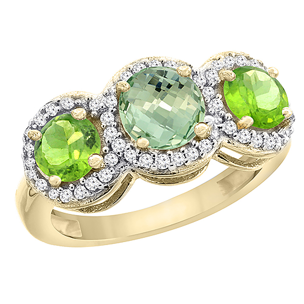 10K Yellow Gold Natural Green Amethyst & Peridot Sides Round 3-stone Ring Diamond Accents, sizes 5 - 10