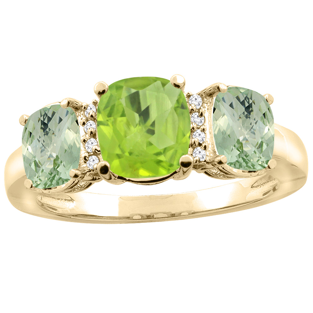 10K Yellow Gold Natural Peridot & Green Amethyst 3-Stone Ring Cushion 8x6mm Diamond Accent, sizes 5 - 10