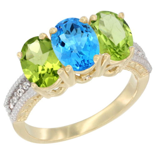10K Yellow Gold Diamond Natural Swiss Blue Topaz & Peridot Ring 3-Stone 7x5 mm Oval, sizes 5 - 10