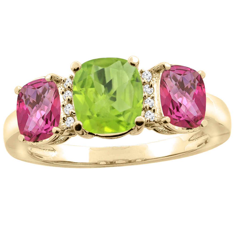 10K Yellow Gold Natural Peridot & Pink Topaz 3-stone Ring Cushion 8x6mm Diamond Accent, sizes 5 - 10