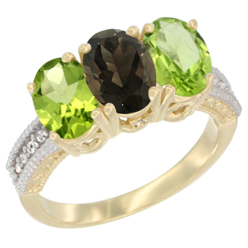 14K Yellow Gold Natural Smoky Topaz & Peridot Sides Ring 3-Stone 7x5 mm Oval Diamond Accent, sizes 5 - 10