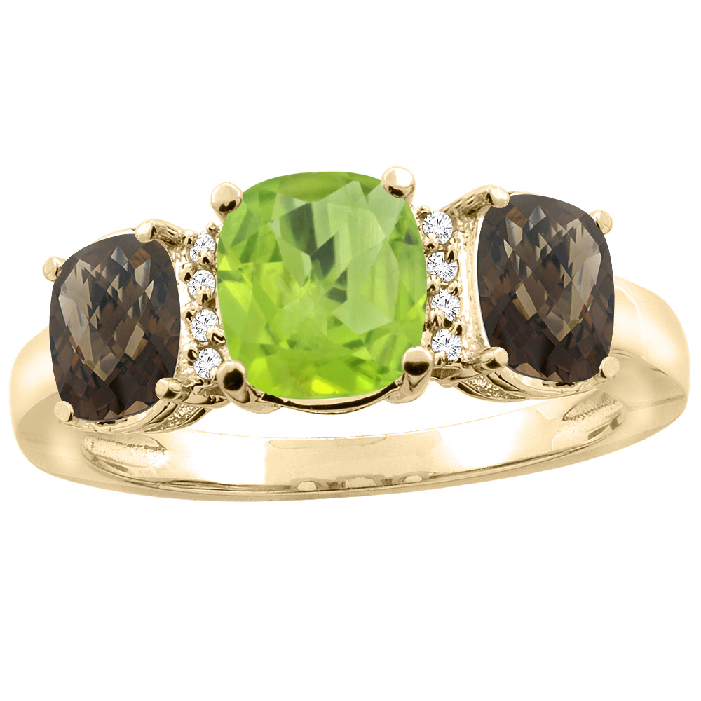 14K Yellow Gold Natural Peridot & Smoky Topaz 3-stone Ring Cushion 8x6mm Diamond Accent, sizes 5 - 10