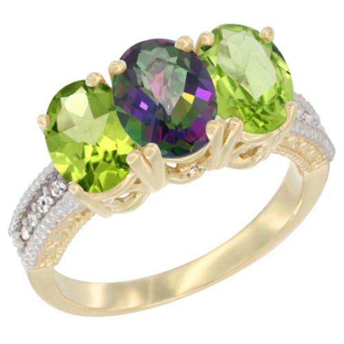 14K Yellow Gold Natural Mystic Topaz & Peridot Sides Ring 3-Stone 7x5 mm Oval Diamond Accent, sizes 5 - 10