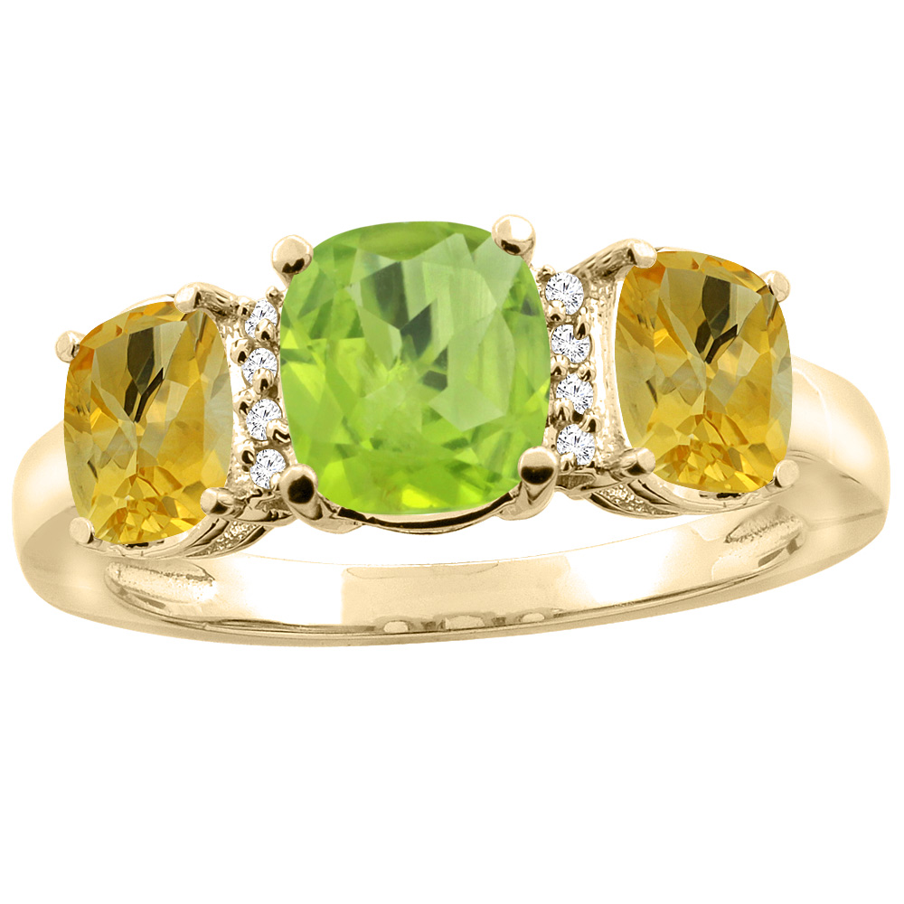 10K Yellow Gold Natural Peridot & Citrine 3-stone Ring Cushion 8x6mm Diamond Accent, sizes 5 - 10
